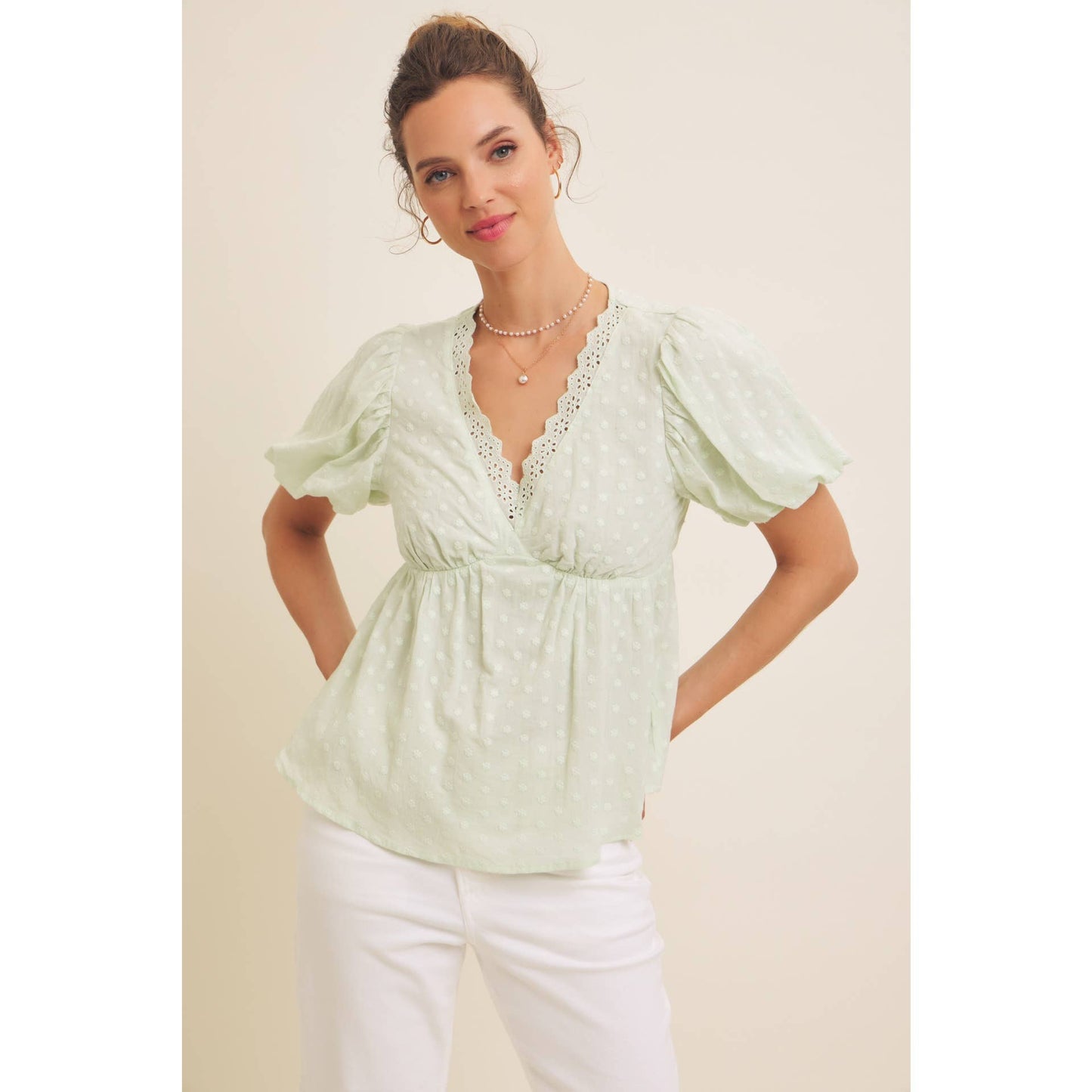 SCALLOP TRIM V-NECK EYELET BLOUSE WITH BUBBLE SLEEVES