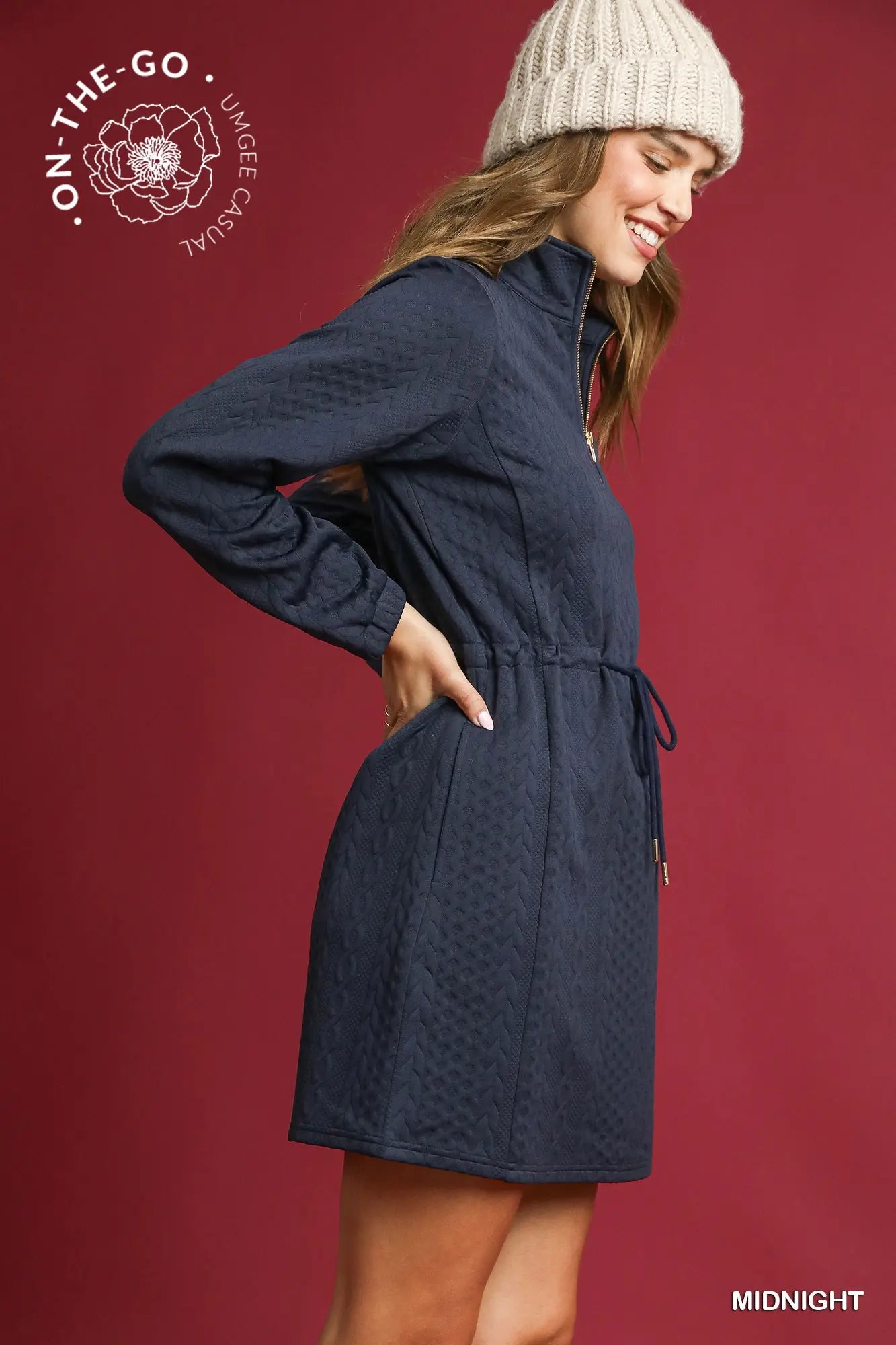 Umgee Cable Knit Quarter-Zip Mini Dress