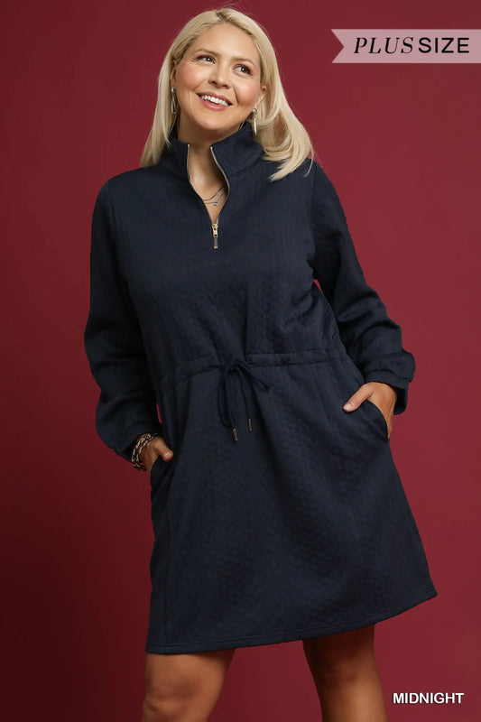 Umgee Plus Size Cable Knit Drawstring Quarter-Zip Dress