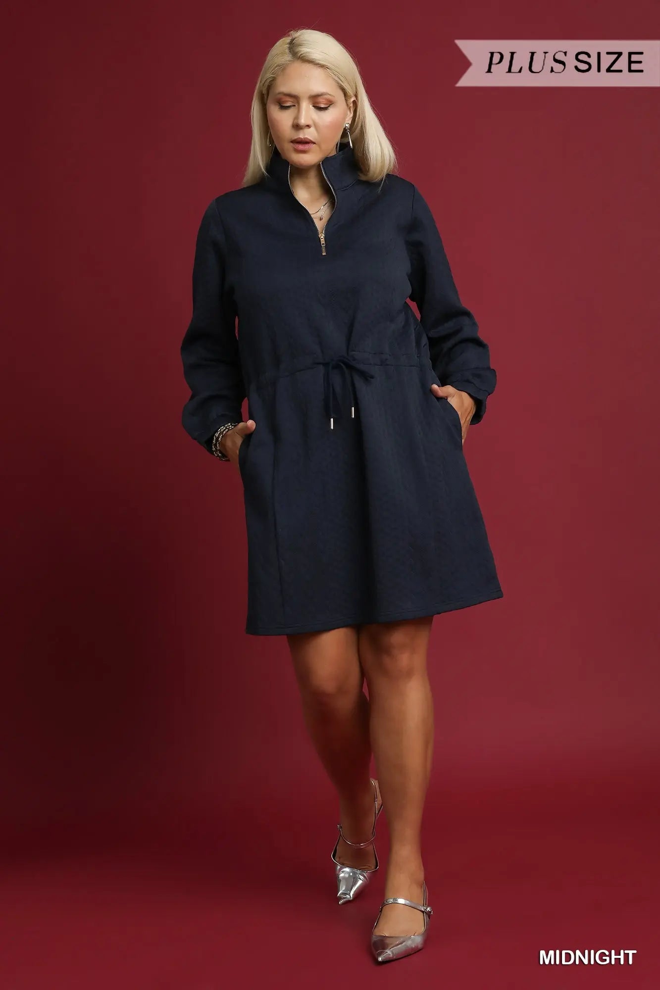 Umgee Plus Size Cable Knit Drawstring Quarter-Zip Dress