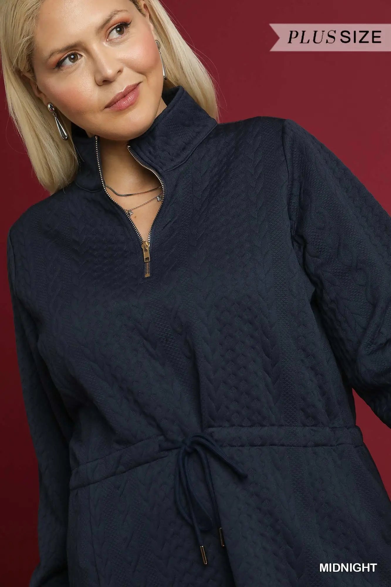 Umgee Plus Size Cable Knit Drawstring Quarter-Zip Dress
