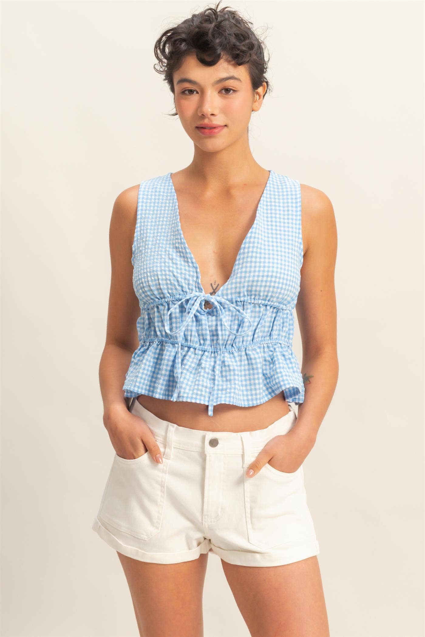 V-Neck Bow Detail Sleeveless Gingham Top
