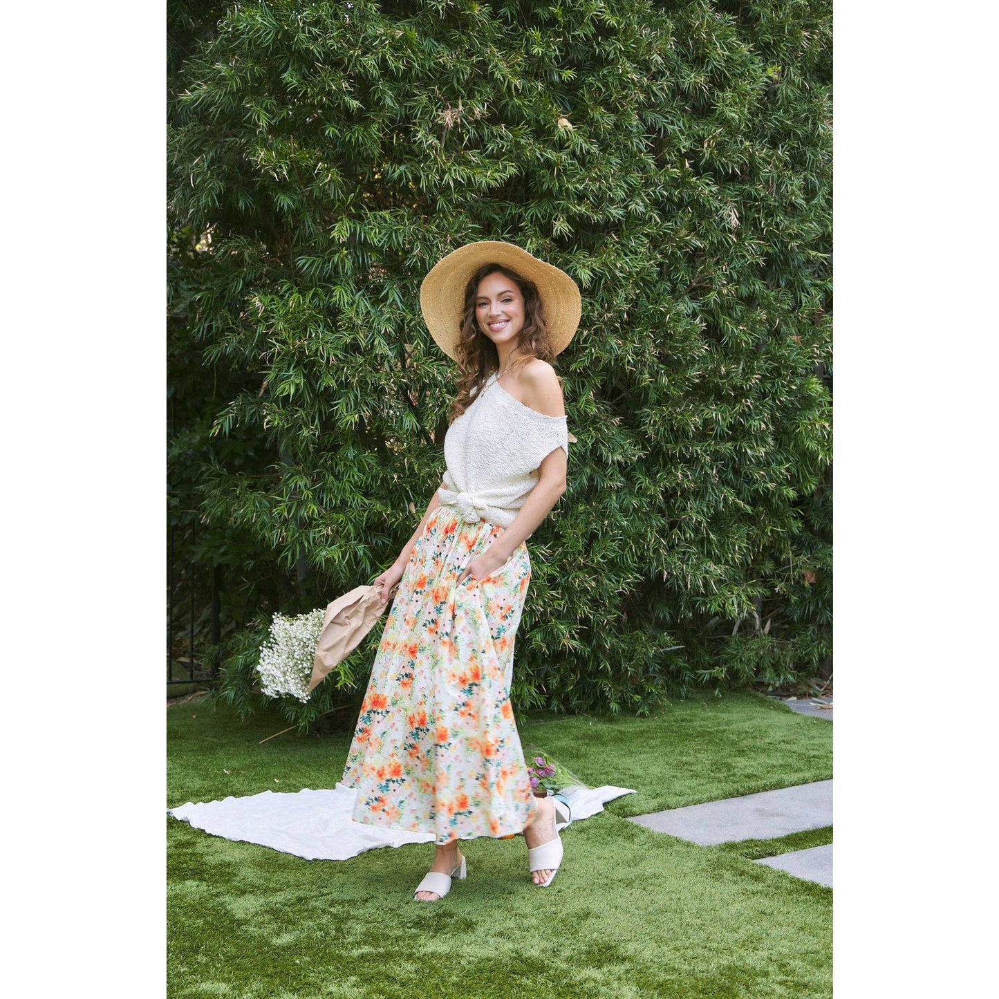 FLORAL MAXI SKIRT WITH POCKETS AND ELASTIC BAND