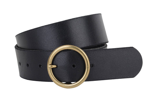 Wide Brass-Toned Circle Buckle Leather Belt