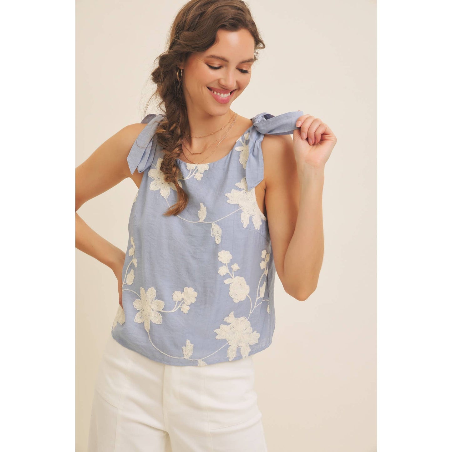 ROMANTIC EMBROIDERY BLOUSE TOP WITH BOW STRAPS