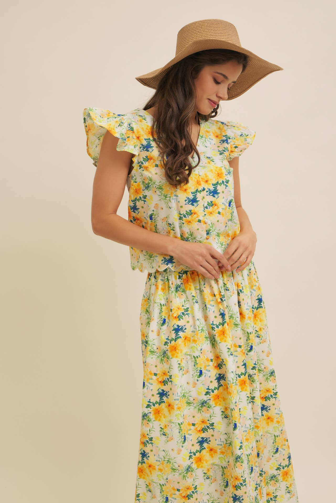 FLORAL MAXI SKIRT WITH POCKETS AND ELASTIC BAND