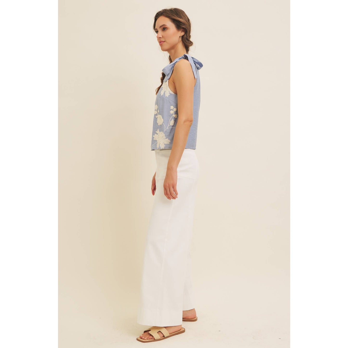 ROMANTIC EMBROIDERY BLOUSE TOP WITH BOW STRAPS