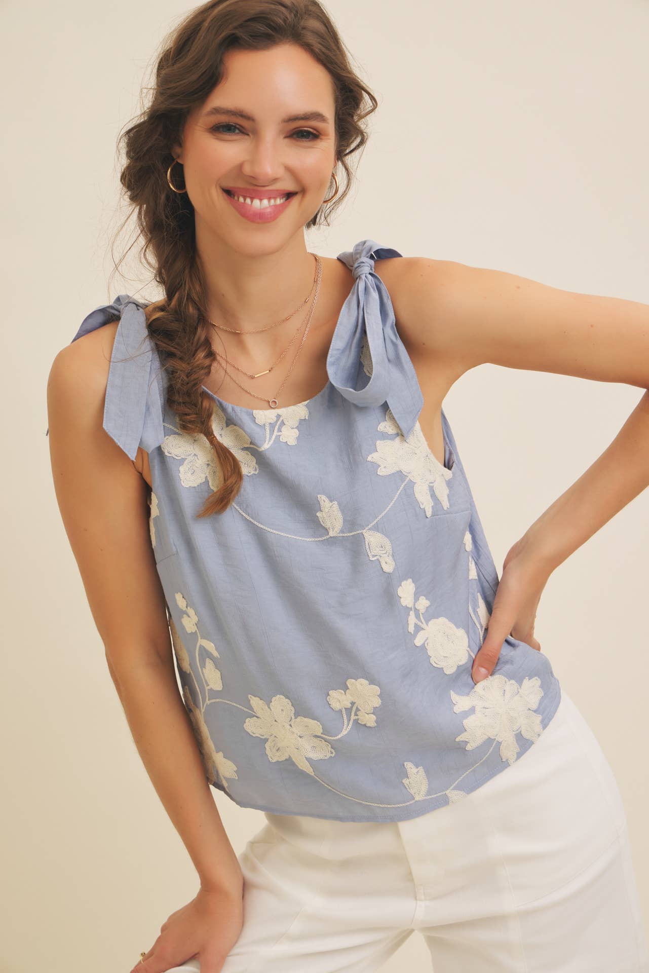 ROMANTIC EMBROIDERY BLOUSE TOP WITH BOW STRAPS