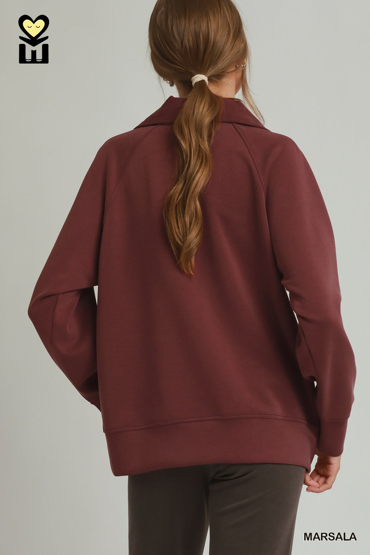 Long Sleeve Half Zip Pullover with Ruffle Bottom with Drawstring Waistband