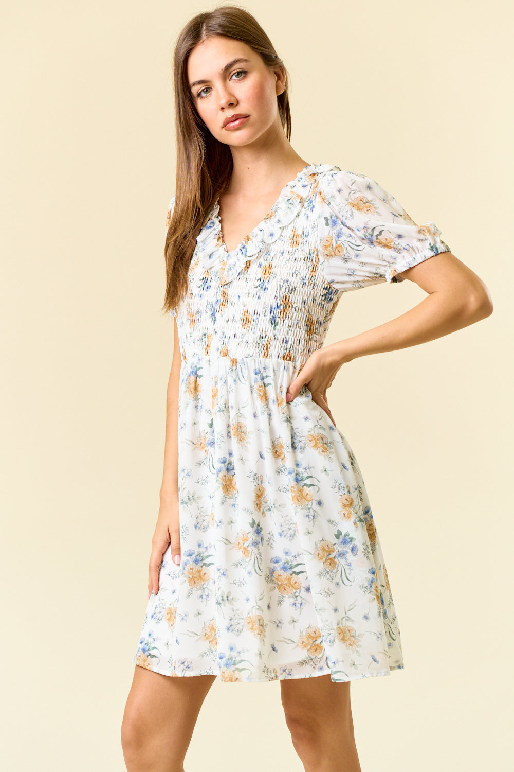 Floral Smocked Bodice Ruffle V-Neck Dress