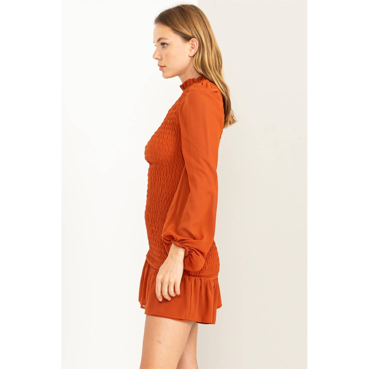 SMOCKED RUFFLED MINI DRESS