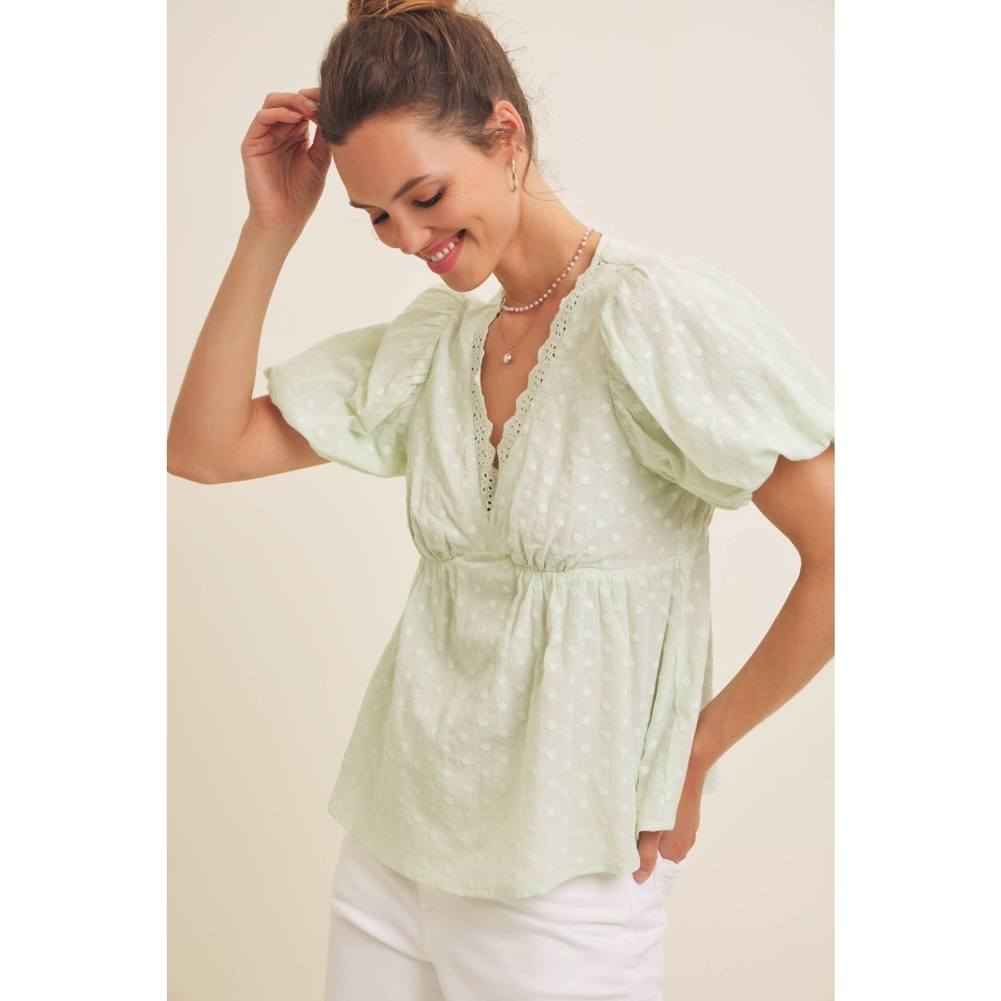 SCALLOP TRIM V-NECK EYELET BLOUSE WITH BUBBLE SLEEVES