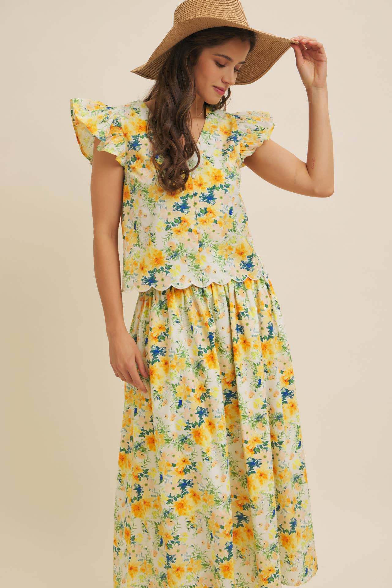 FLORAL MAXI SKIRT WITH POCKETS AND ELASTIC BAND
