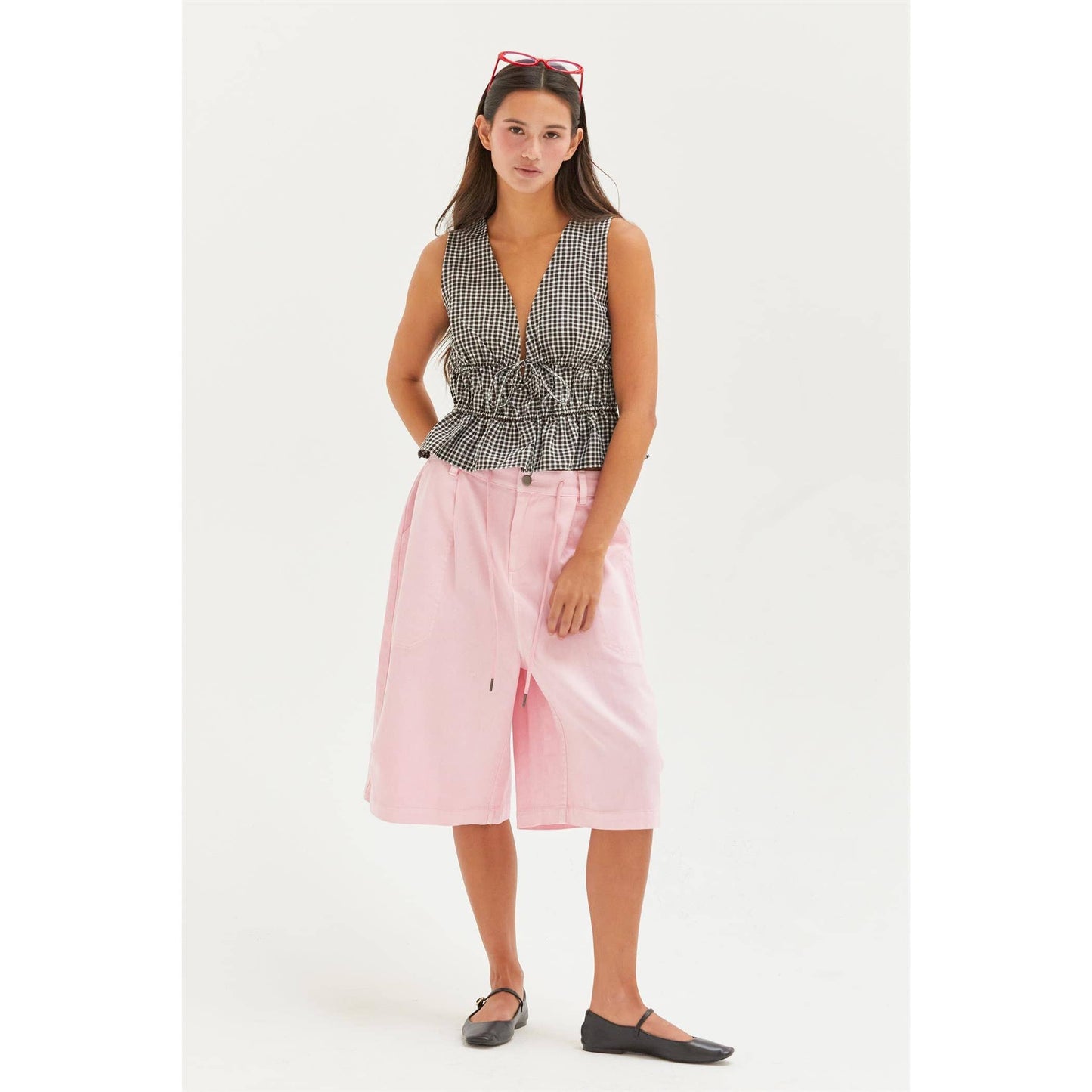 V-Neck Bow Detail Sleeveless Gingham Top