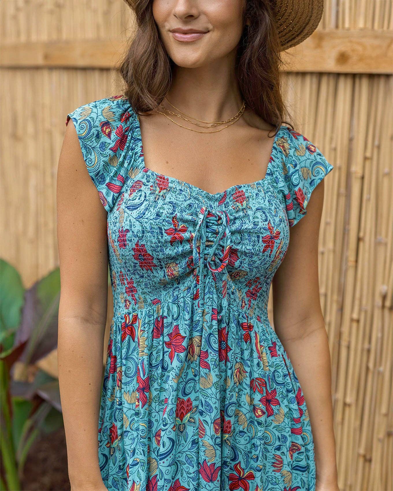 Border Print Smocked Dress in Blue Floral Print