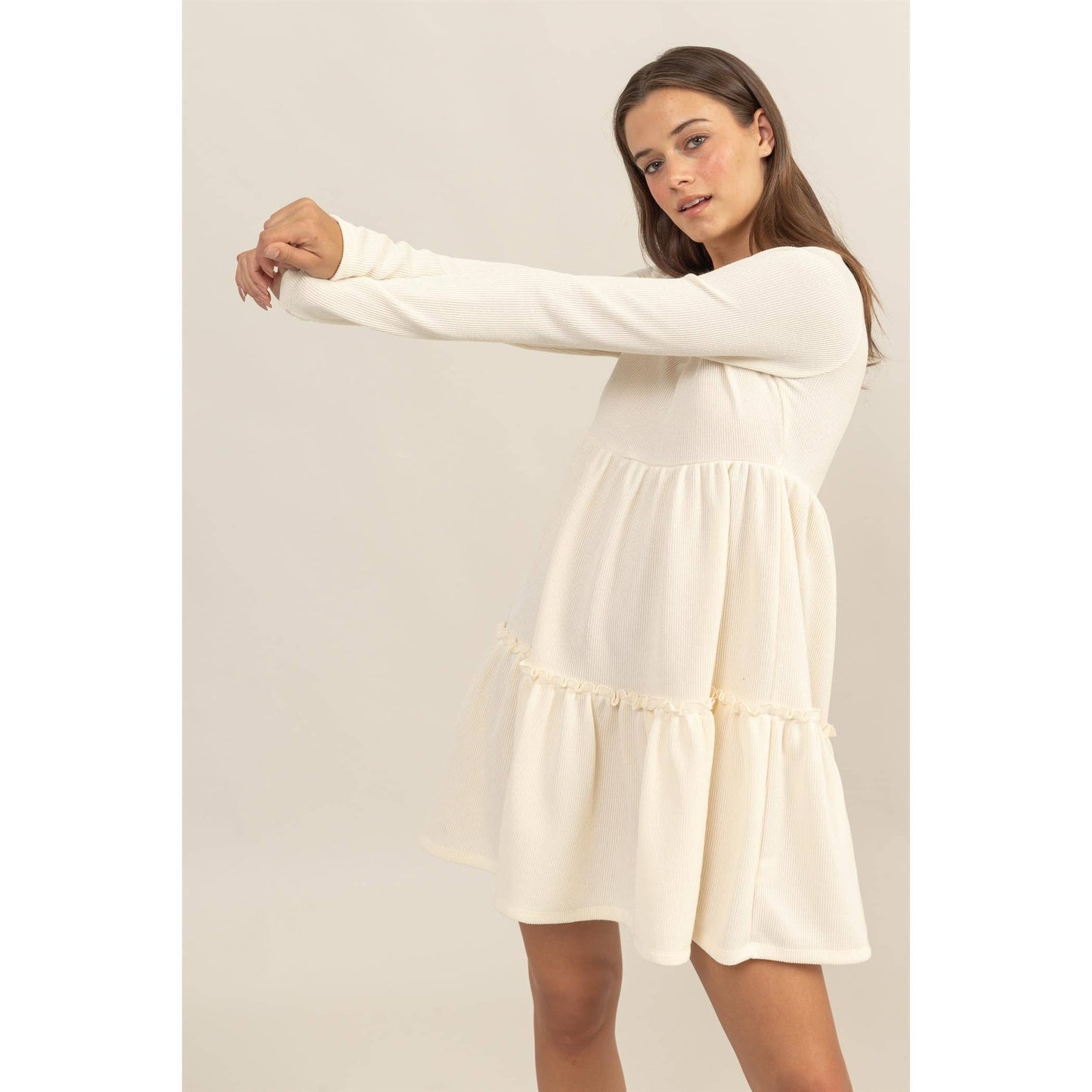 RIB BABYDOLL TIERED MINI DRESS