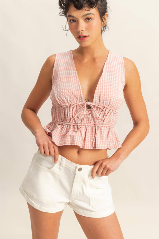 V-Neck Bow Detail Sleeveless Gingham Top