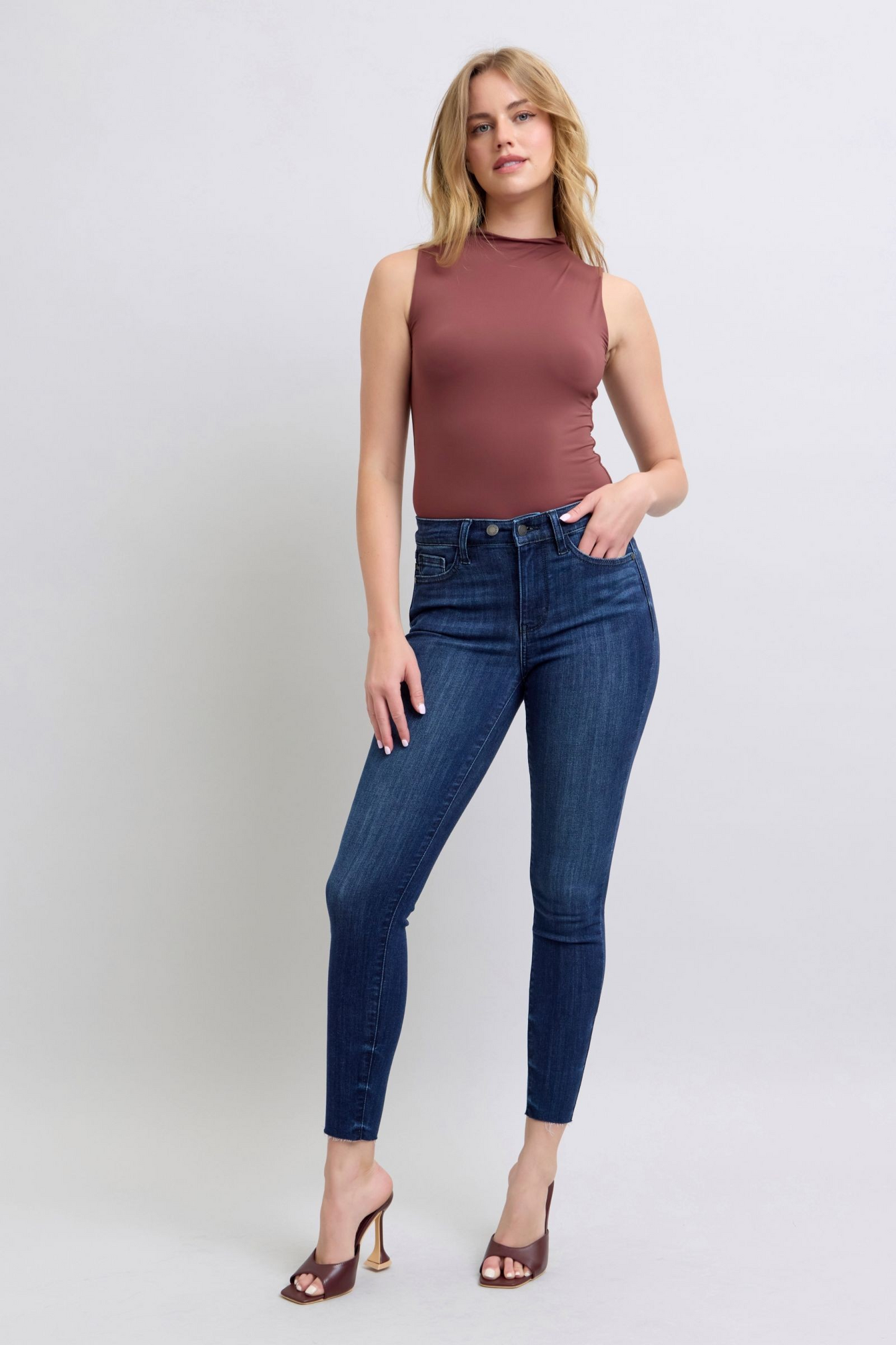 Judy Blue Mid-Rise Dark Wash Skinny with Raw Hem