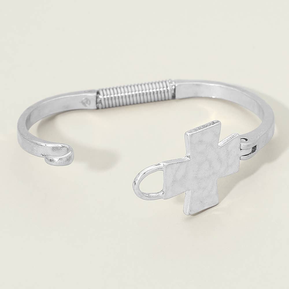 Hammered Metal Cross Accent Hinged Bangle Bracelet