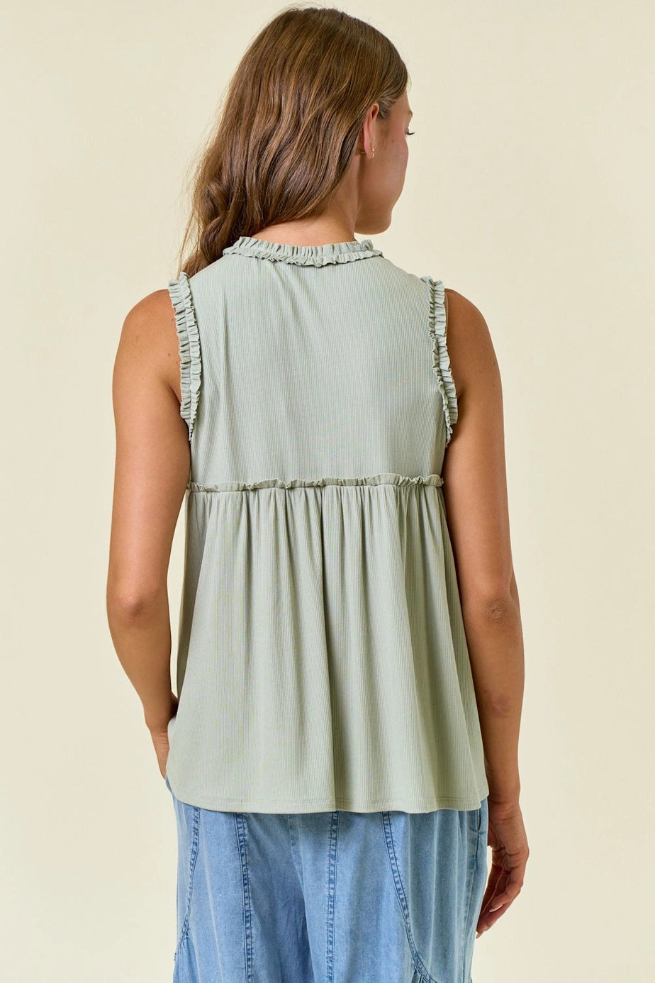Soft Rib Ruffled Round Neck Sleeveless Flowy Top