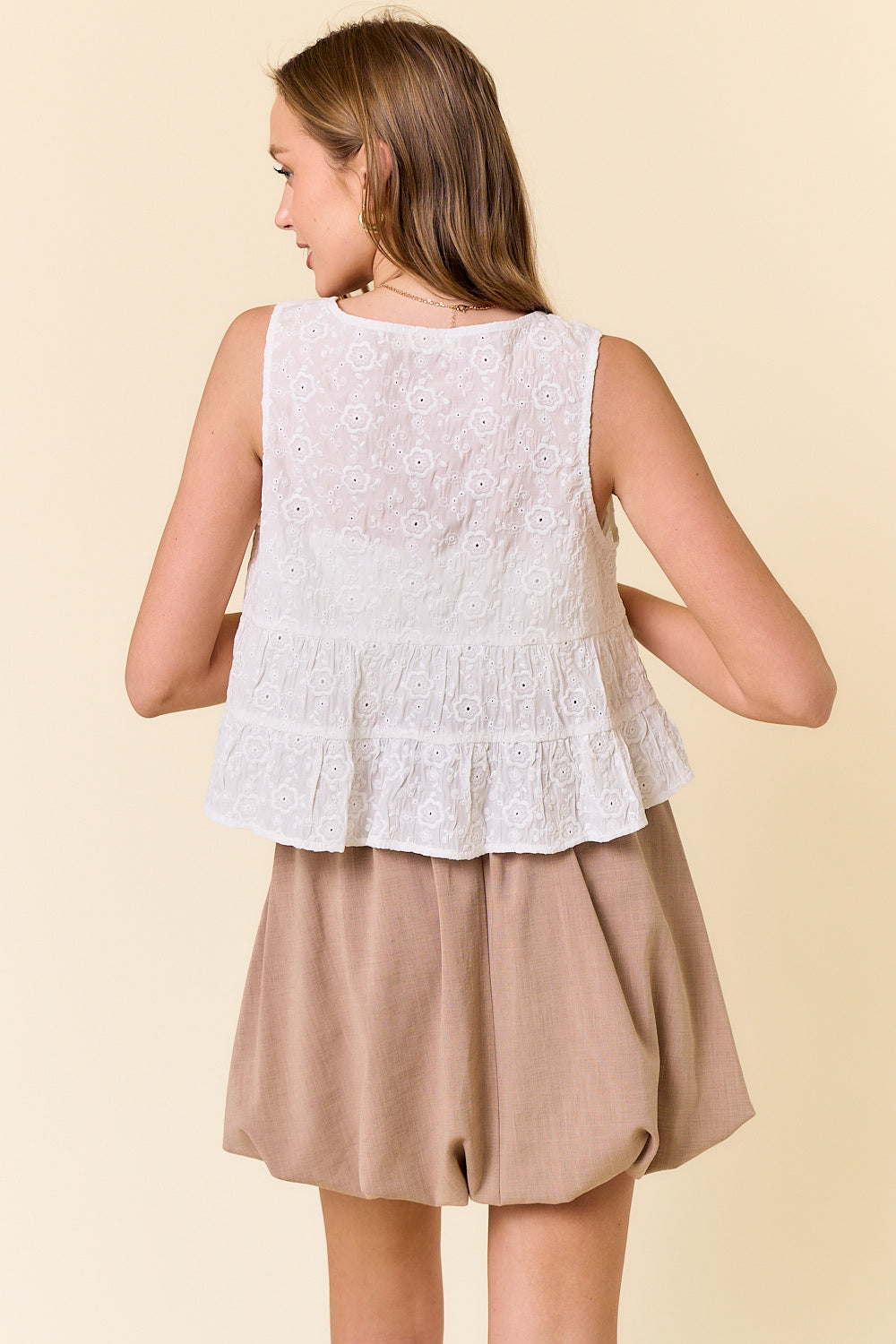 Cotton Floral Embroidered Square Neck Front Tie Sleeveless Ruffle Top
