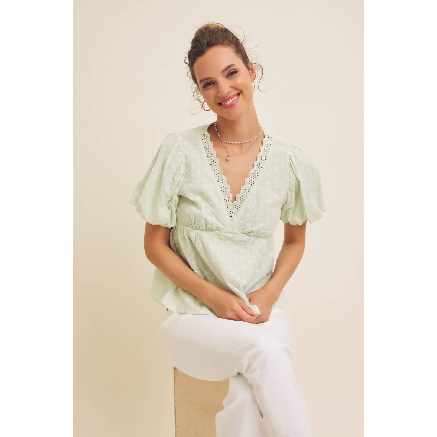 SCALLOP TRIM V-NECK EYELET BLOUSE WITH BUBBLE SLEEVES