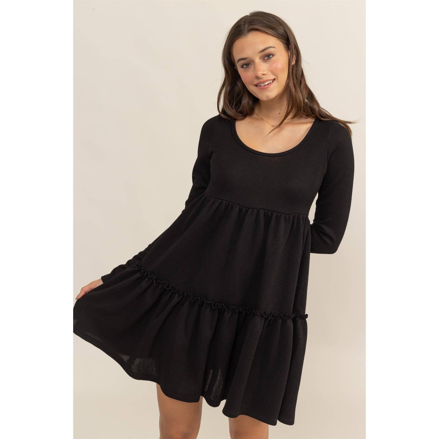 RIB BABYDOLL TIERED MINI DRESS