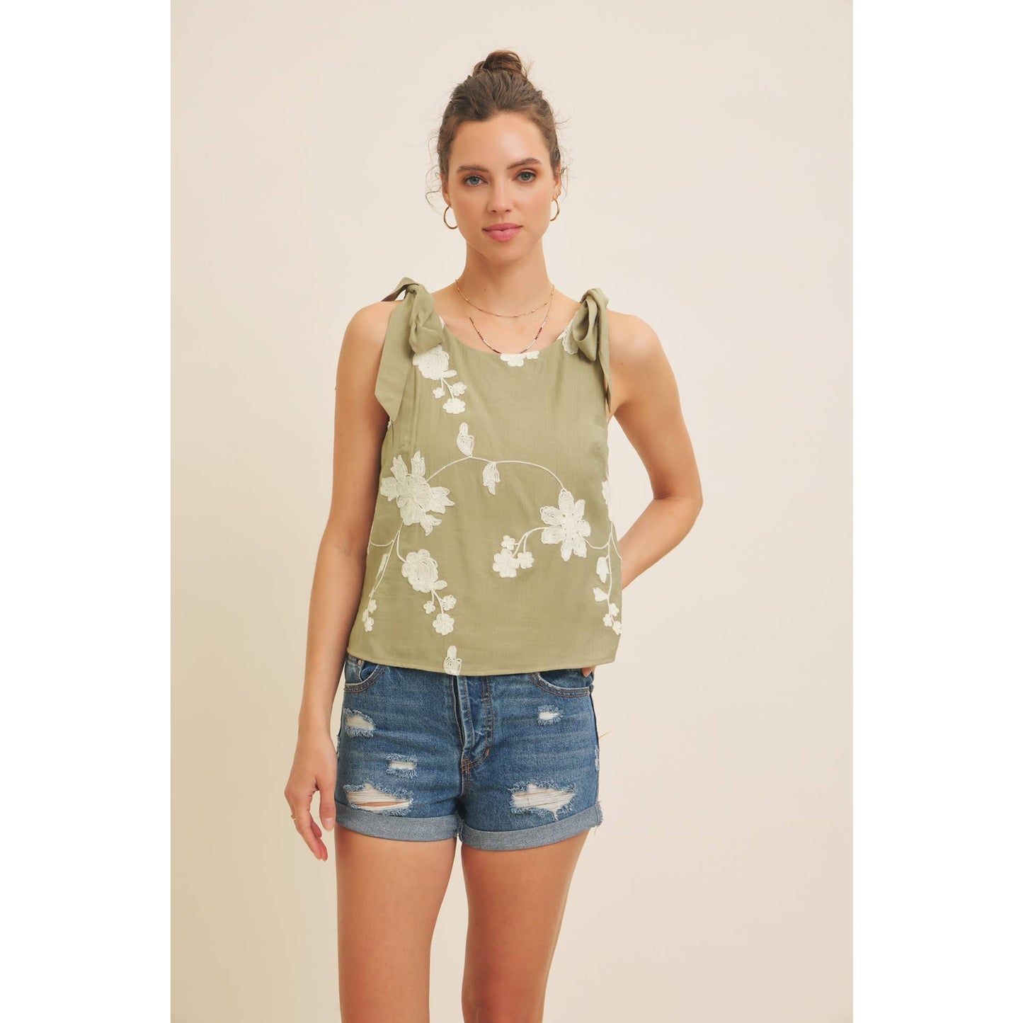 ROMANTIC EMBROIDERY BLOUSE TOP WITH BOW STRAPS