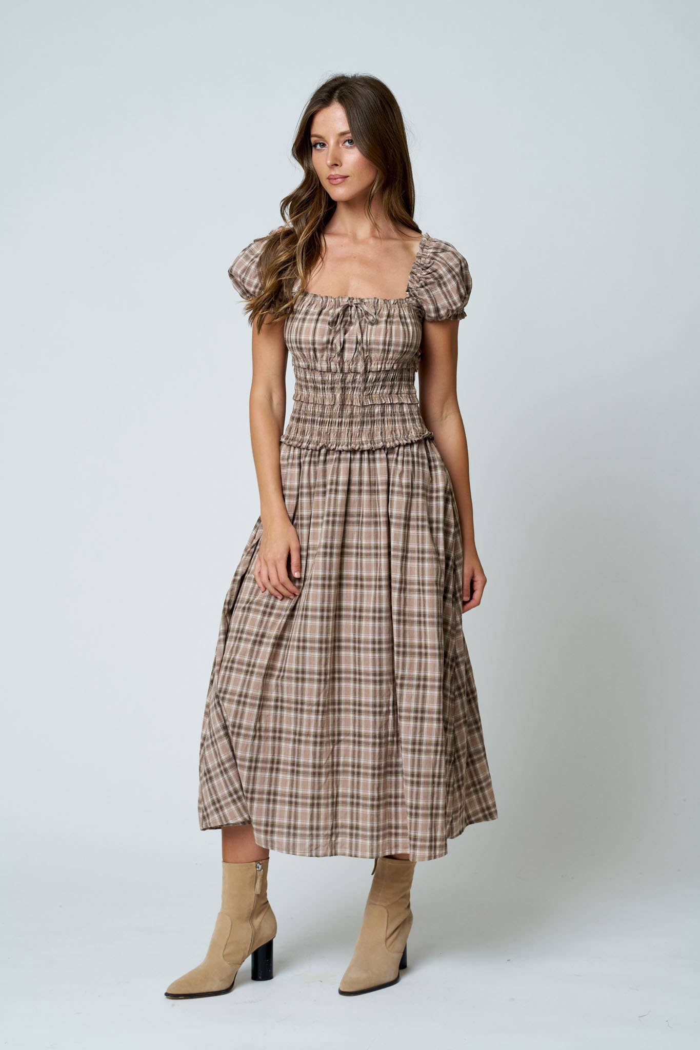 PLAID PUFF SLEEVE RUFFLED SMOCKED WAIST MIDI DRESS