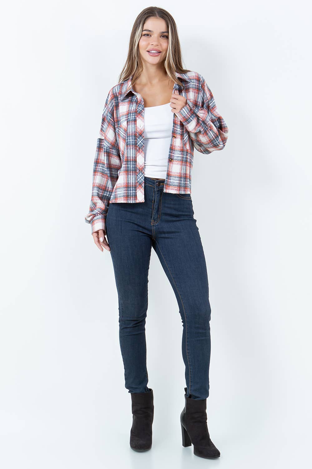 Cropped Boxy Long Sleeve Plaid Shirt
