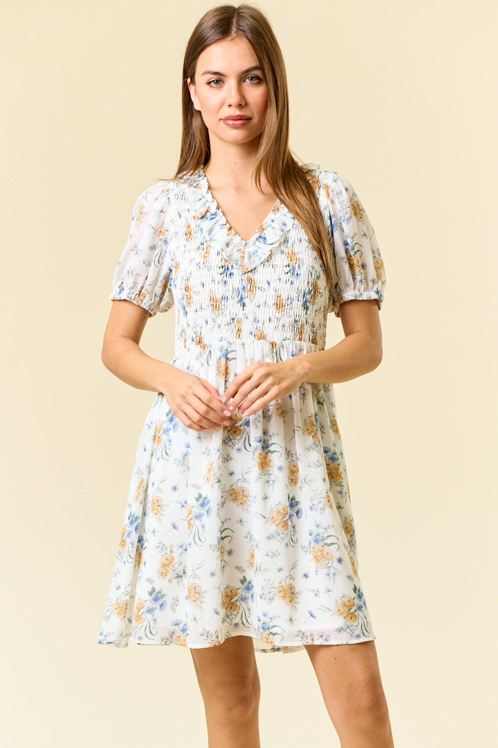 Floral Smocked Bodice Ruffle V-Neck Dress