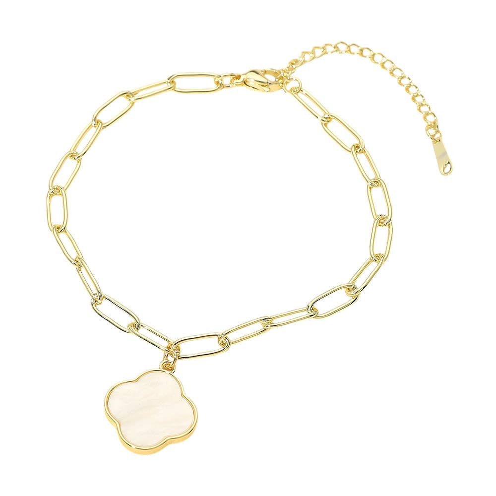 Stainless Steel Mother of Pearl Quatrefoil Charm Paperclip Chain Anklet