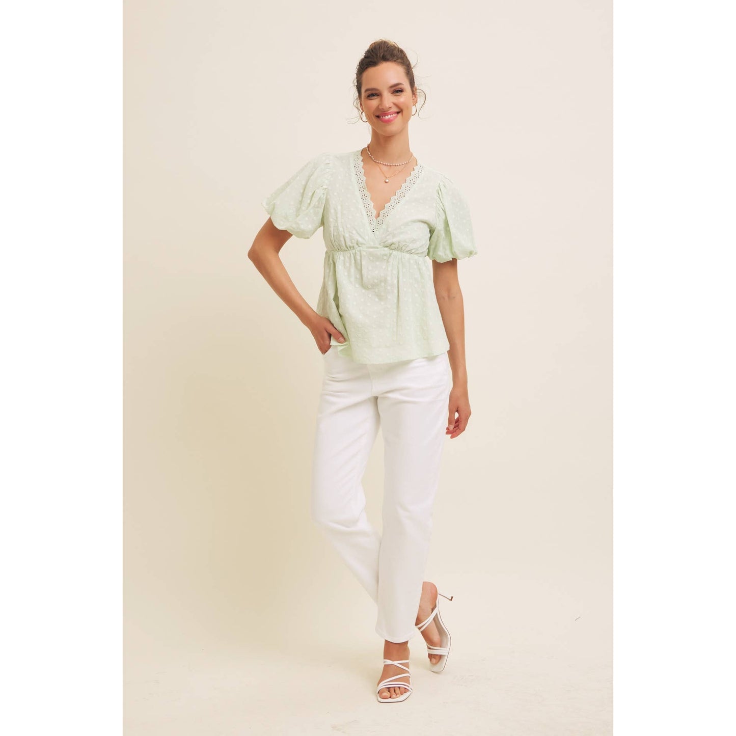 SCALLOP TRIM V-NECK EYELET BLOUSE WITH BUBBLE SLEEVES