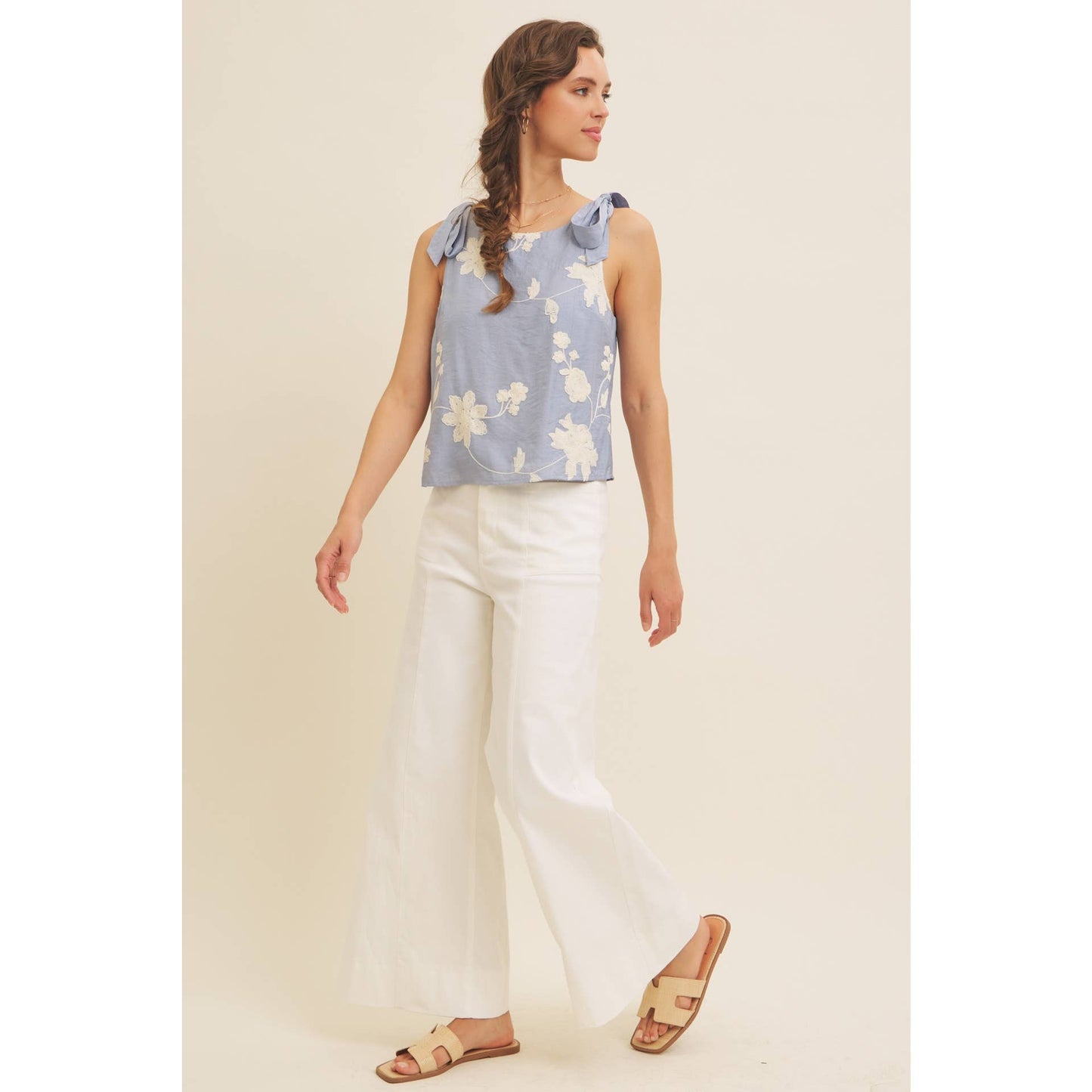 ROMANTIC EMBROIDERY BLOUSE TOP WITH BOW STRAPS