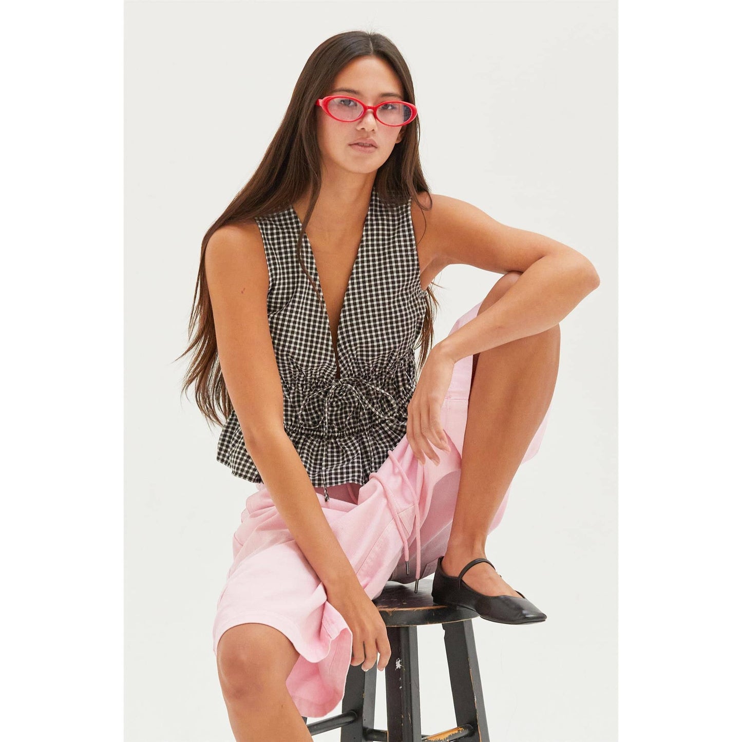 V-Neck Bow Detail Sleeveless Gingham Top