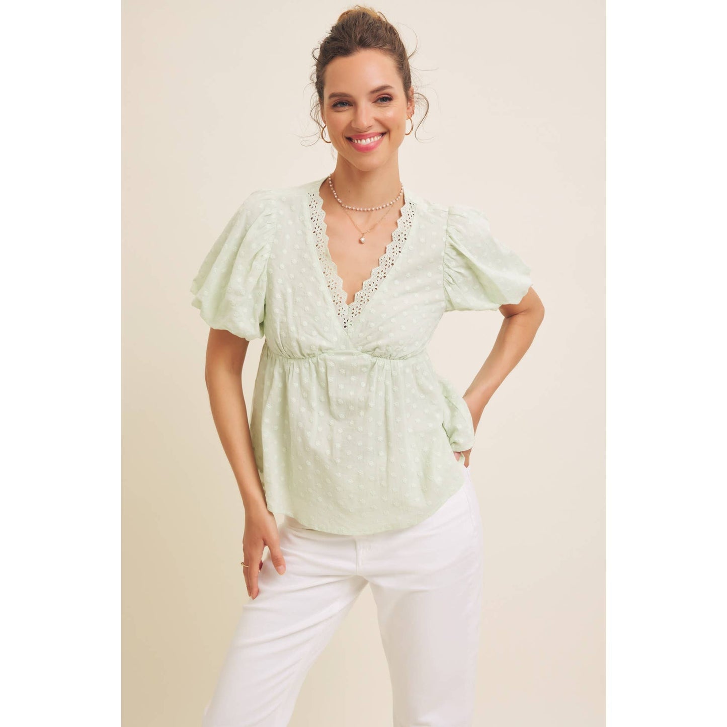 SCALLOP TRIM V-NECK EYELET BLOUSE WITH BUBBLE SLEEVES