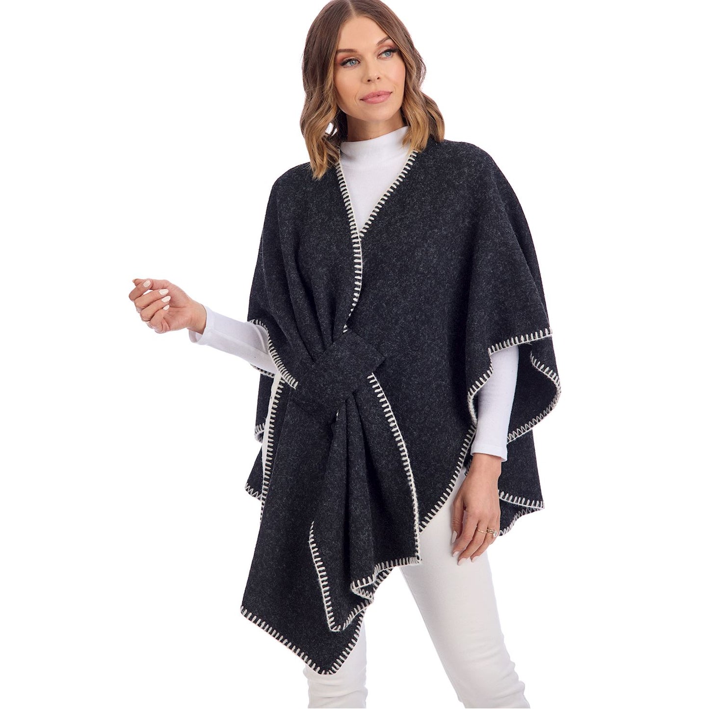 MudPie Black Hayword Blanket Stitch Poncho