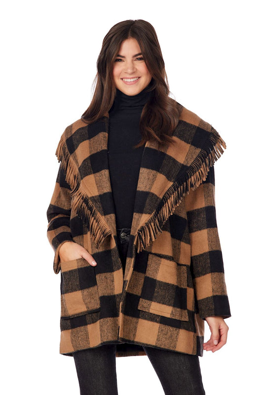 Mud Pie Tan & Black Hartford Fringe Coat
