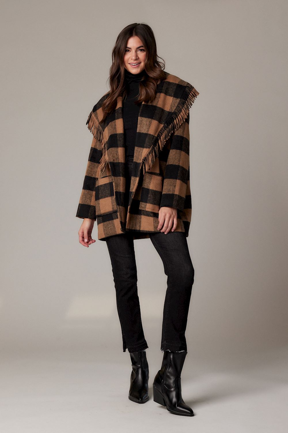 Mud Pie Tan & Black Hartford Fringe Coat