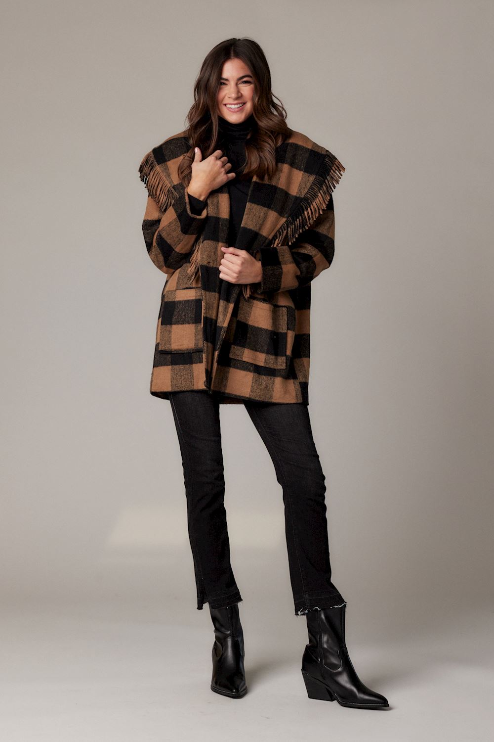 Mud Pie Tan & Black Hartford Fringe Coat