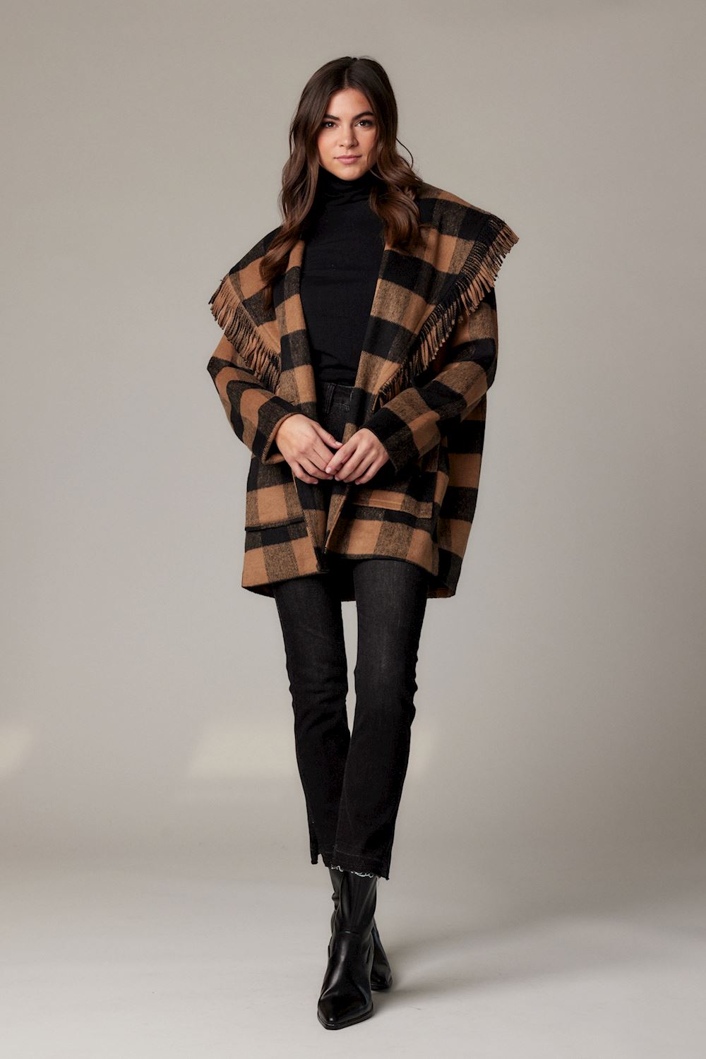 Mud Pie Tan & Black Hartford Fringe Coat