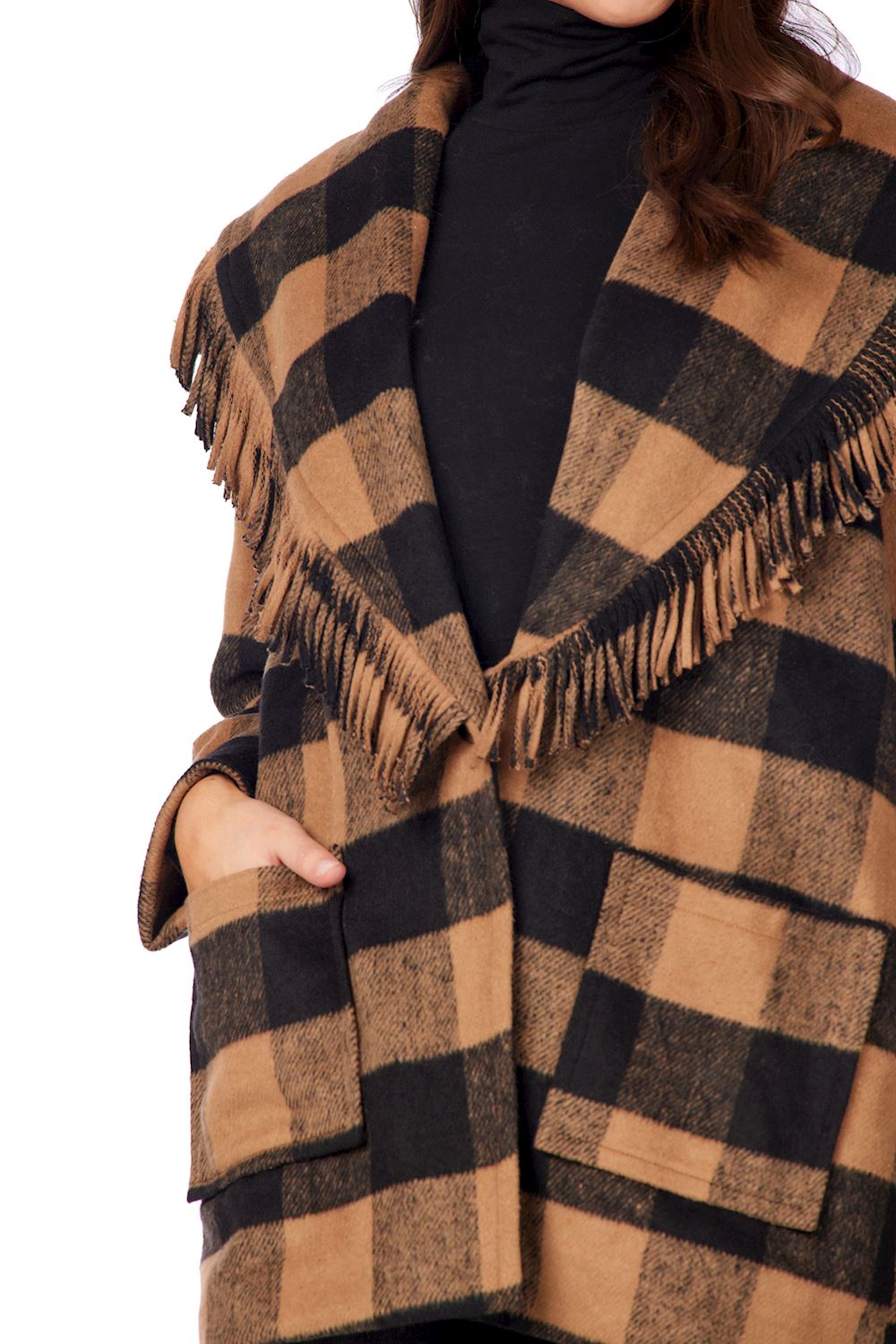 Mud Pie Tan & Black Hartford Fringe Coat