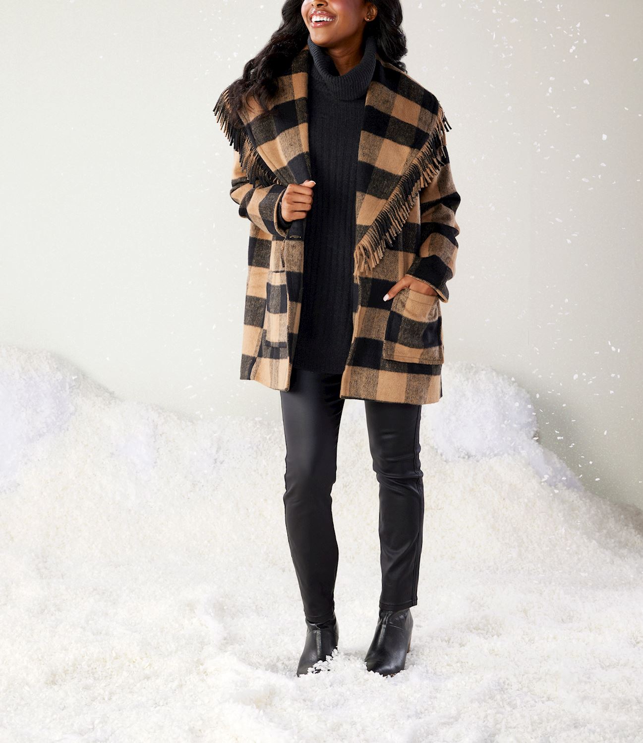 Mud Pie Tan & Black Hartford Fringe Coat