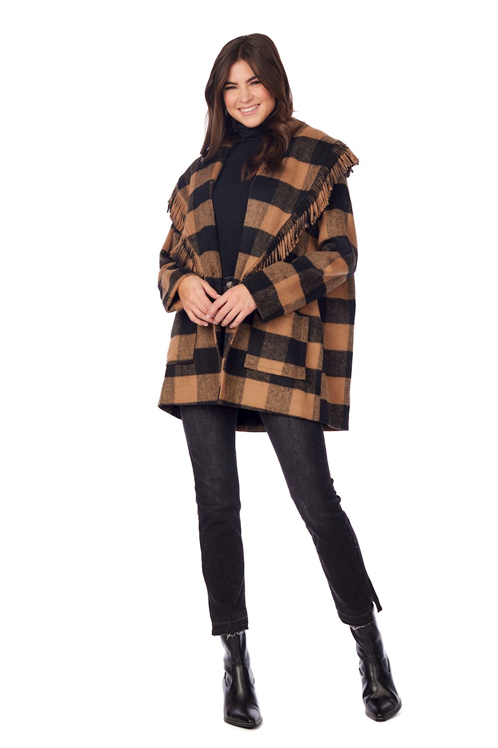 Mud Pie Tan & Black Hartford Fringe Coat