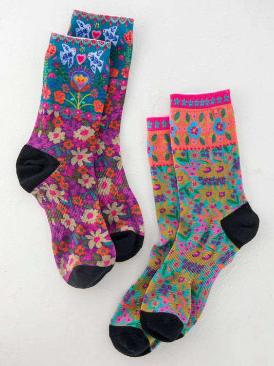 Natural Life Printed Weekend Sock Set-Eggplant Birds, Set of 2