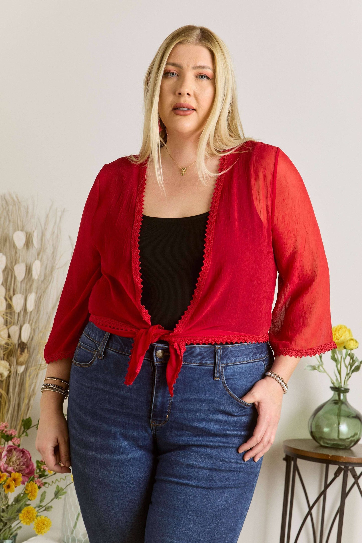 PLUS TEXTURED CHIFFON FRONT TIE BOLERO (CARDIGAN)