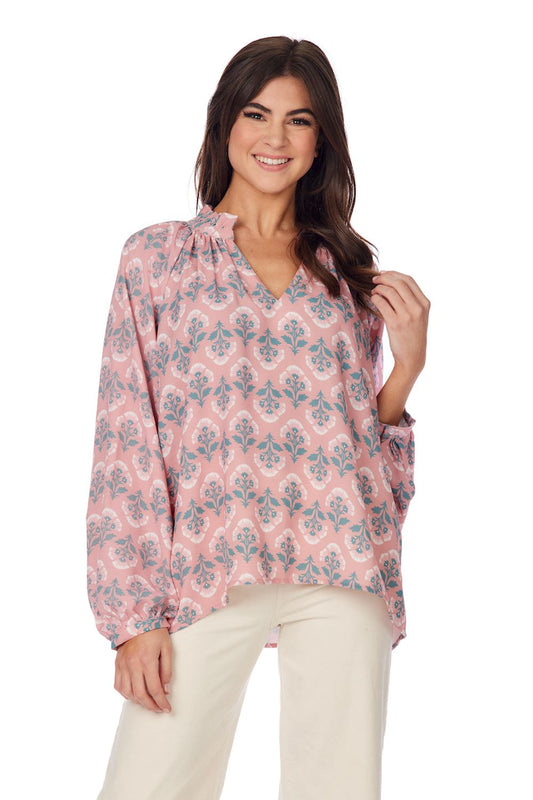 Mud Pie Blush Rose Block Print Warren Top