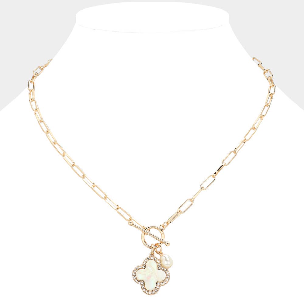 Mother Of Pearl Quatrefoil Pendant Chain Toggle Necklace