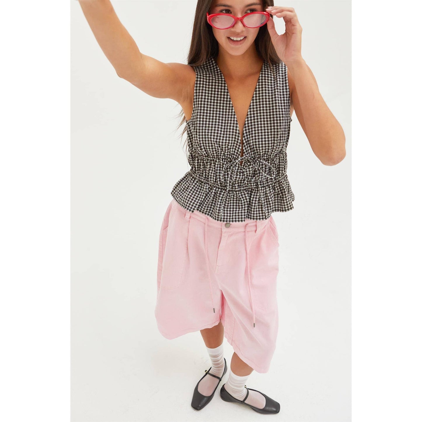 V-Neck Bow Detail Sleeveless Gingham Top