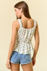 Floral Printed Square Neck Scrunchie Strap Tie Detailed Top